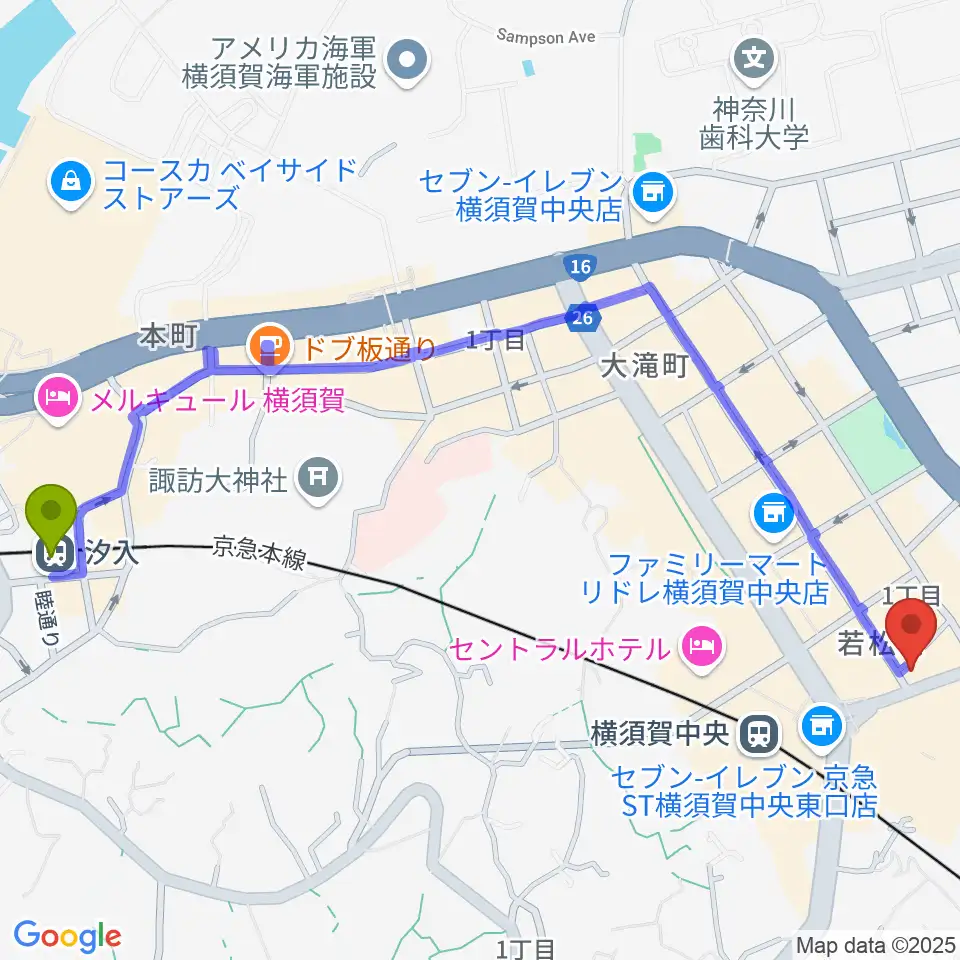汐入駅からよこすかピアノスタジオへのルートマップ地図