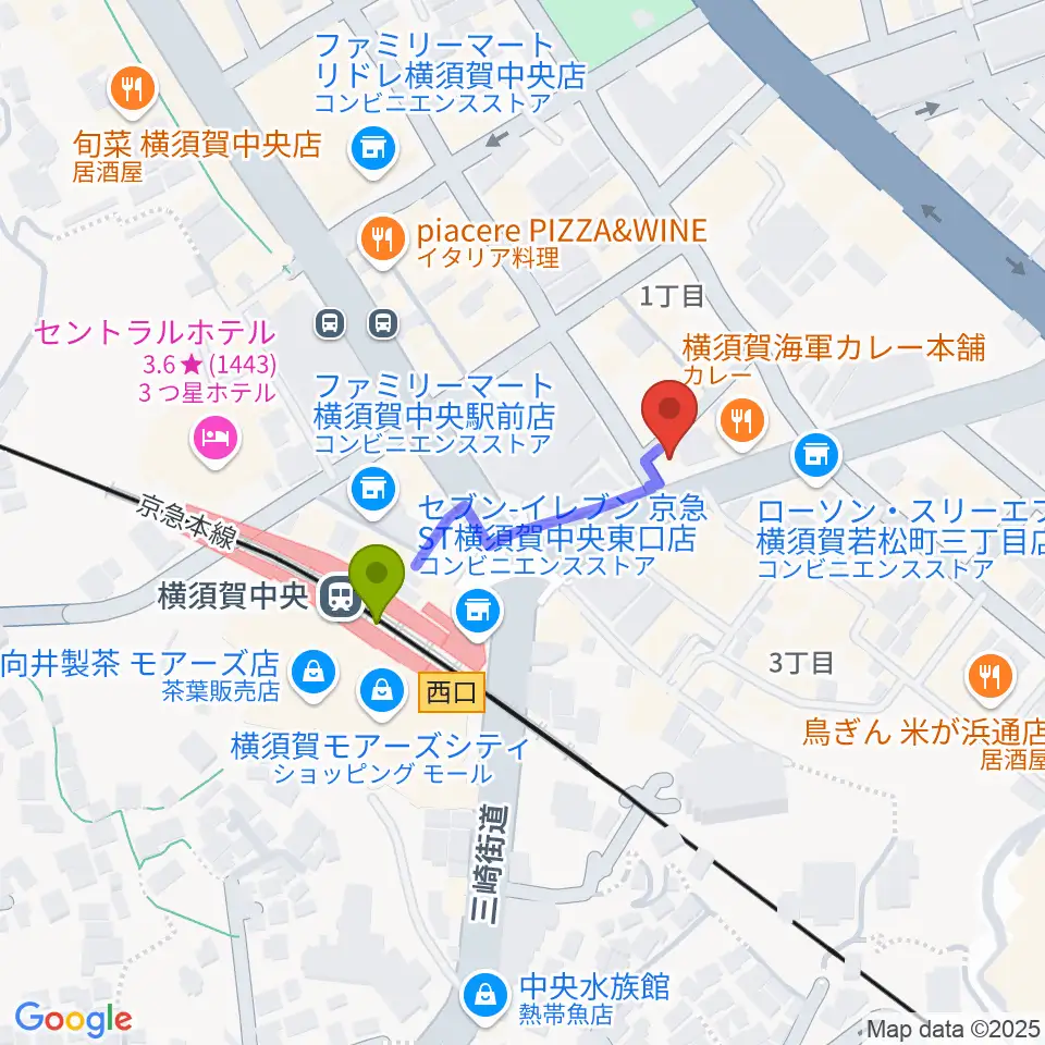 よこすかピアノスタジオの最寄駅横須賀中央駅からの徒歩ルート（約3分）地図
