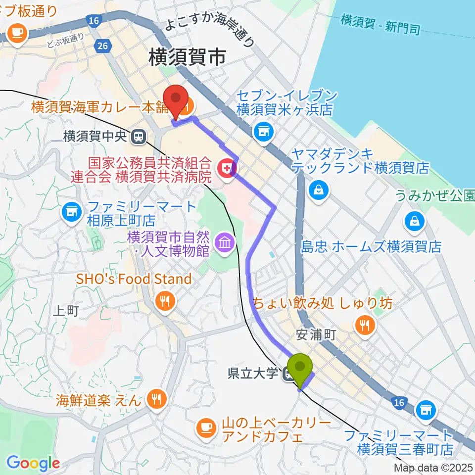 県立大学駅からよこすかピアノスタジオへのルートマップ地図