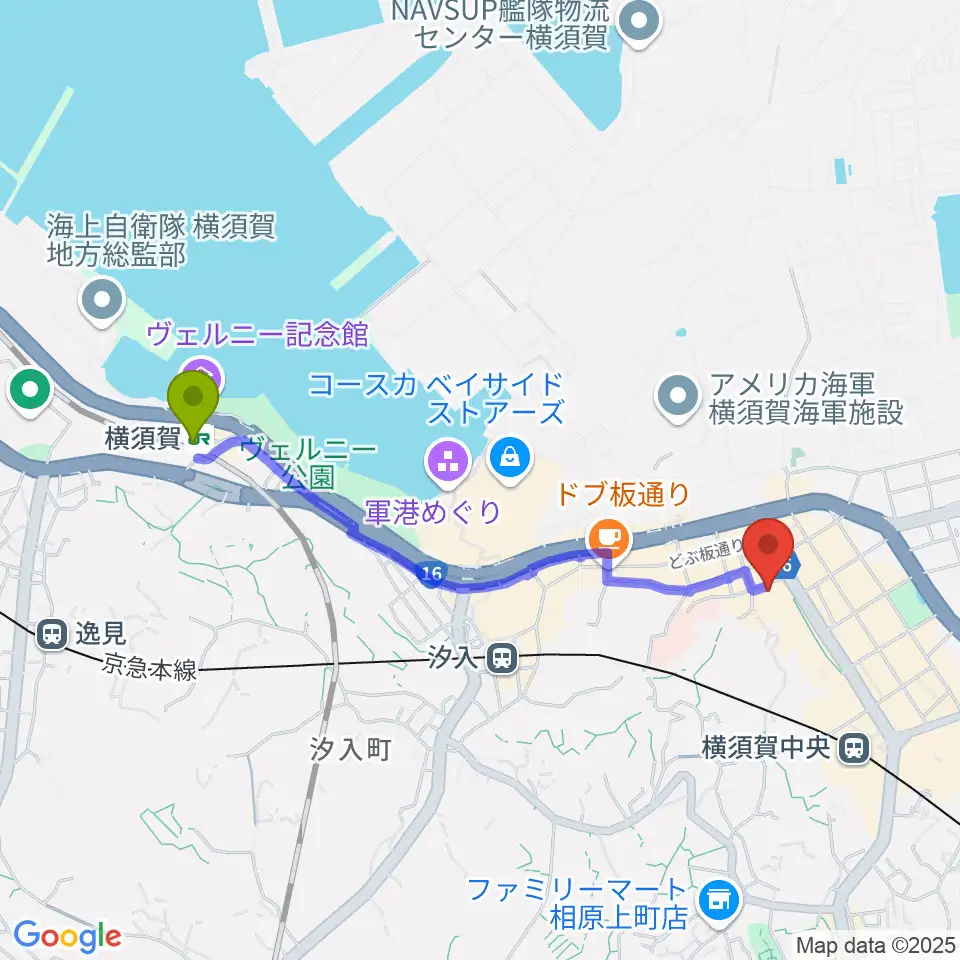 横須賀駅からBlue in Greenへのルートマップ地図