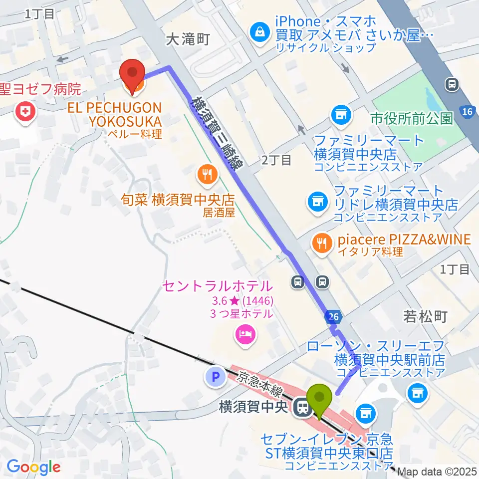 Blue in Greenの最寄駅横須賀中央駅からの徒歩ルート（約6分）地図