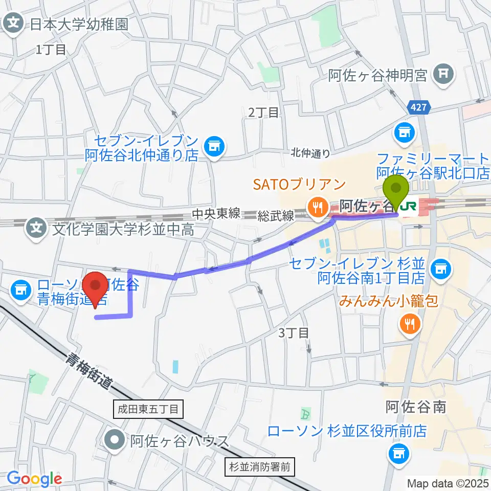 長谷部ギター教室の最寄駅阿佐ケ谷駅からの徒歩ルート（約10分）地図