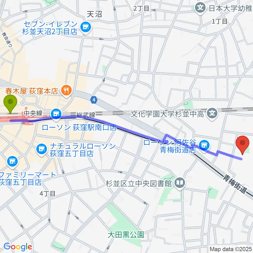荻窪駅から長谷部ギター教室へのルートマップ地図
