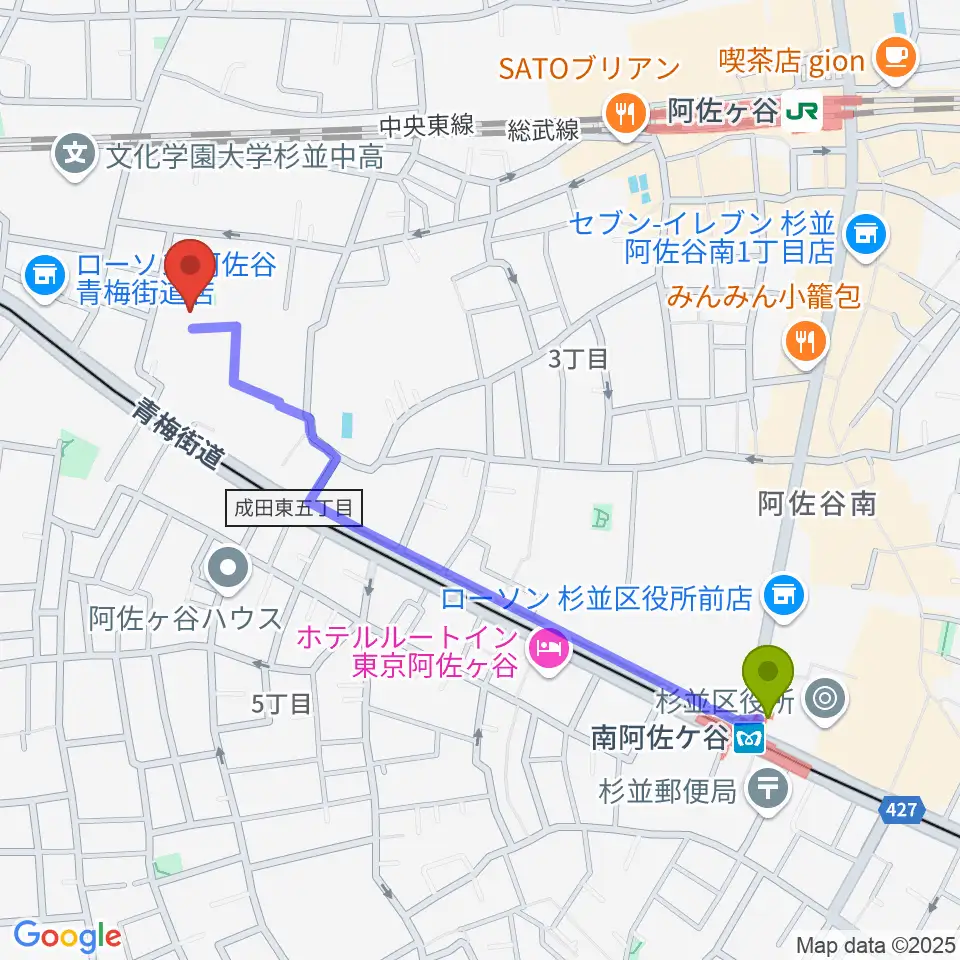 南阿佐ケ谷駅から長谷部ギター教室へのルートマップ地図