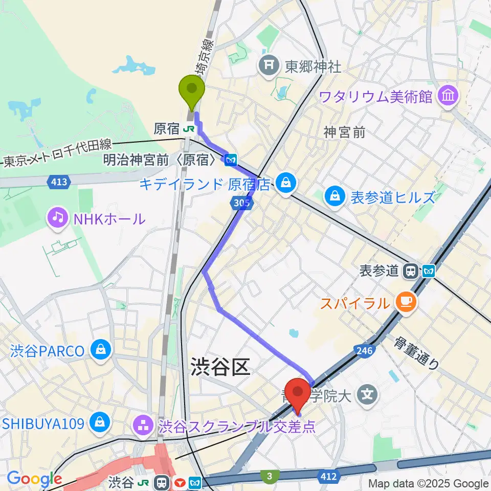 原宿駅から渋谷シアター・イメージフォーラムへのルートマップ地図