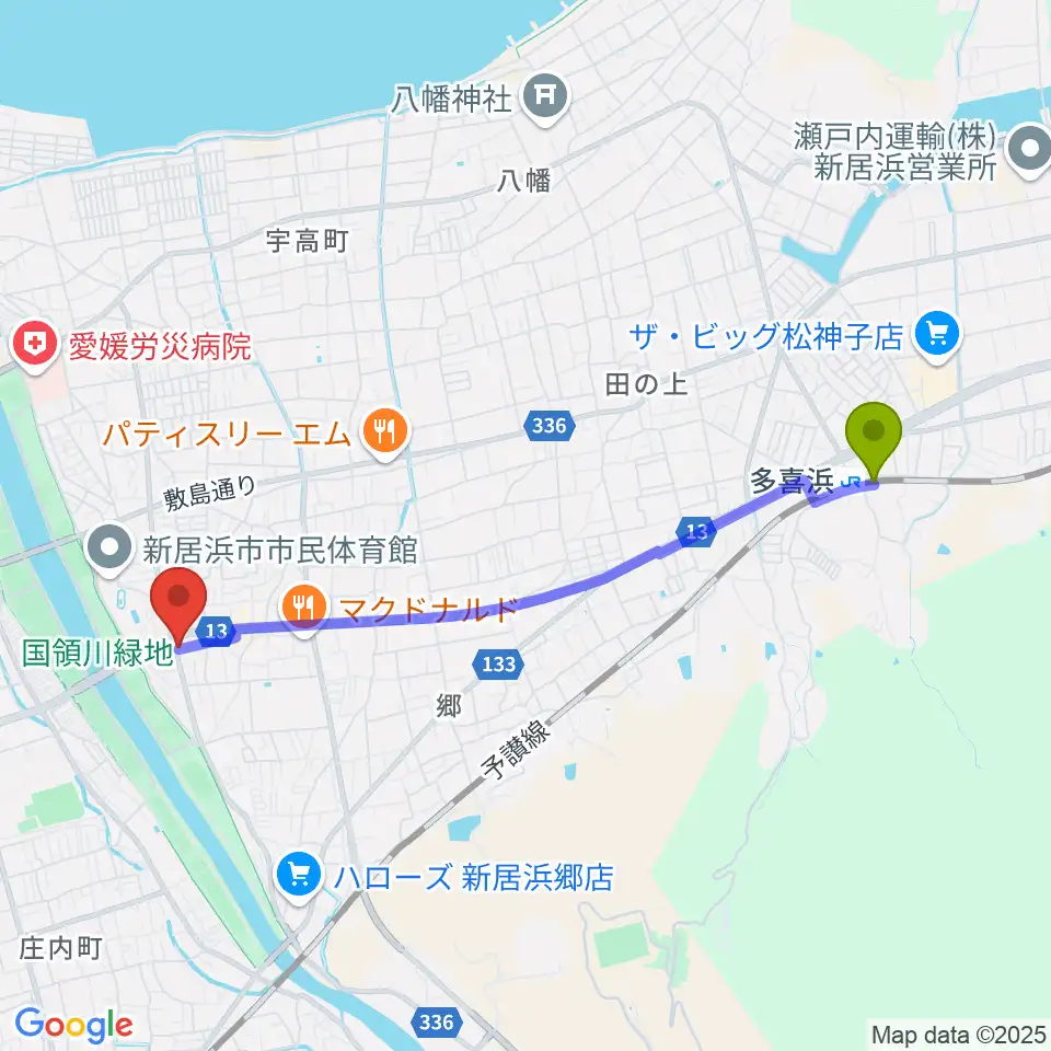 多喜浜駅からヤストミ楽器・音楽教室へのルートマップ地図