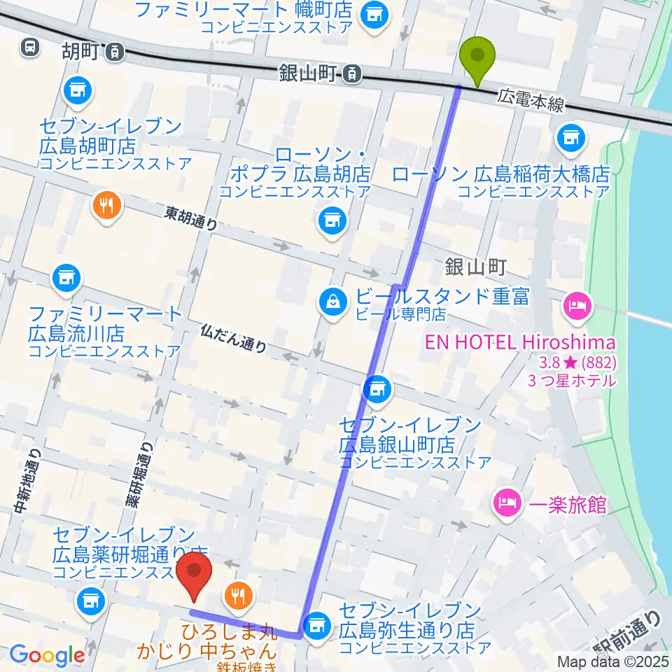 銀山町駅から広島LIVE VANQUISHへのルートマップ地図