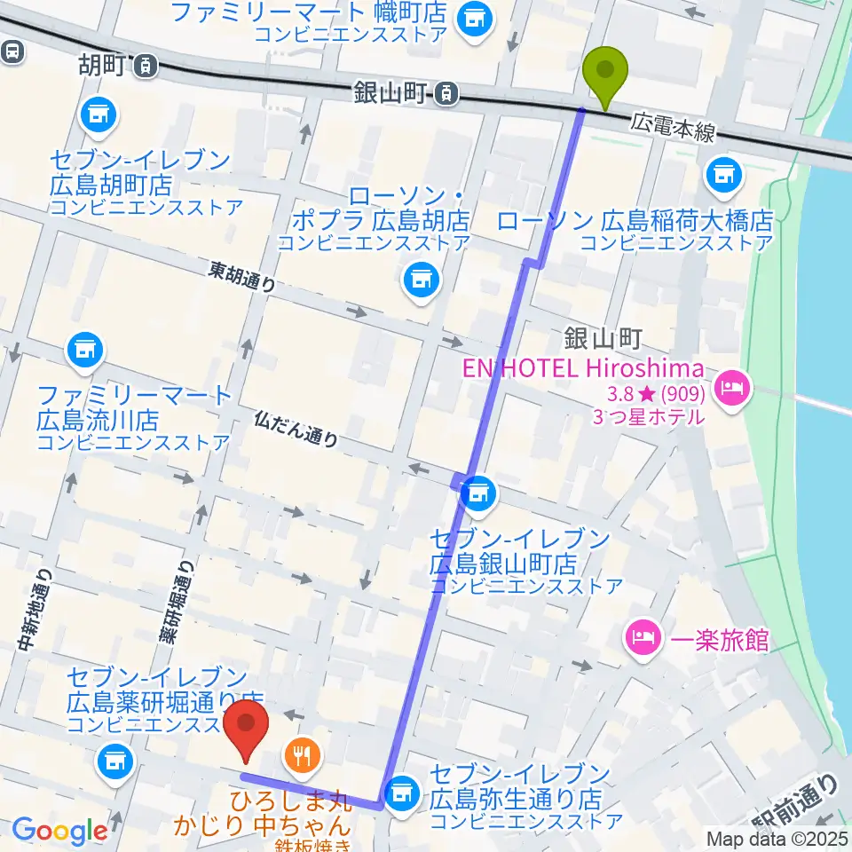 銀山町駅から広島LIVE VANQUISHへのルートマップ地図