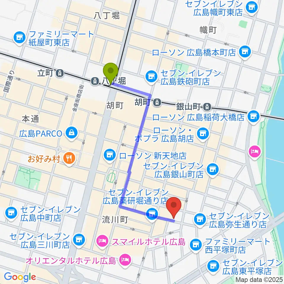 八丁堀駅から広島LIVE VANQUISHへのルートマップ地図