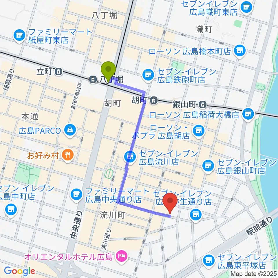八丁堀駅から広島LIVE VANQUISHへのルートマップ地図