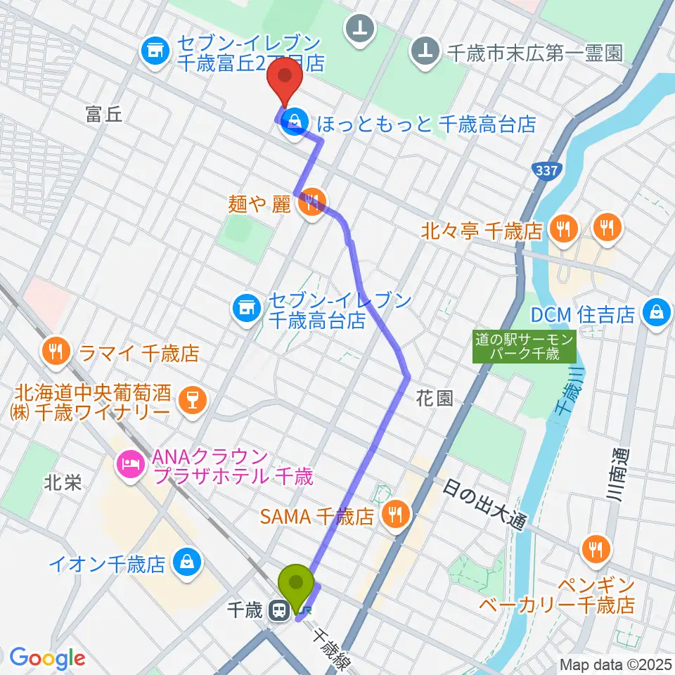 道場ピアノ教室の最寄駅千歳駅からの徒歩ルート（約21分）地図