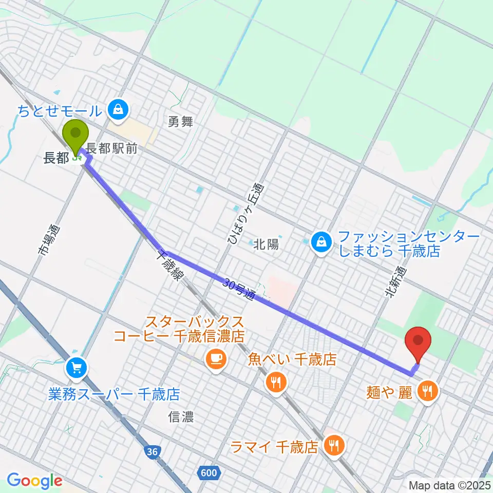 長都駅から道場ピアノ教室へのルートマップ地図