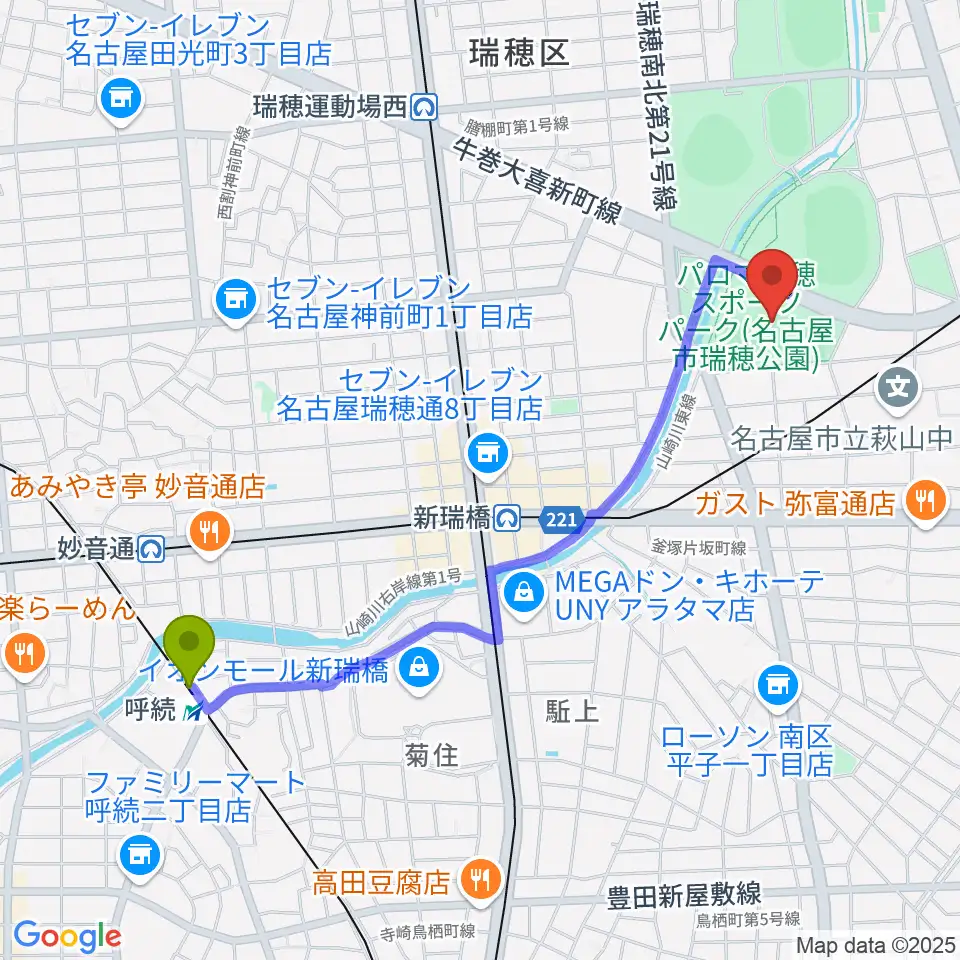 呼続駅からパロマ瑞穂ラグビー場へのルートマップ地図