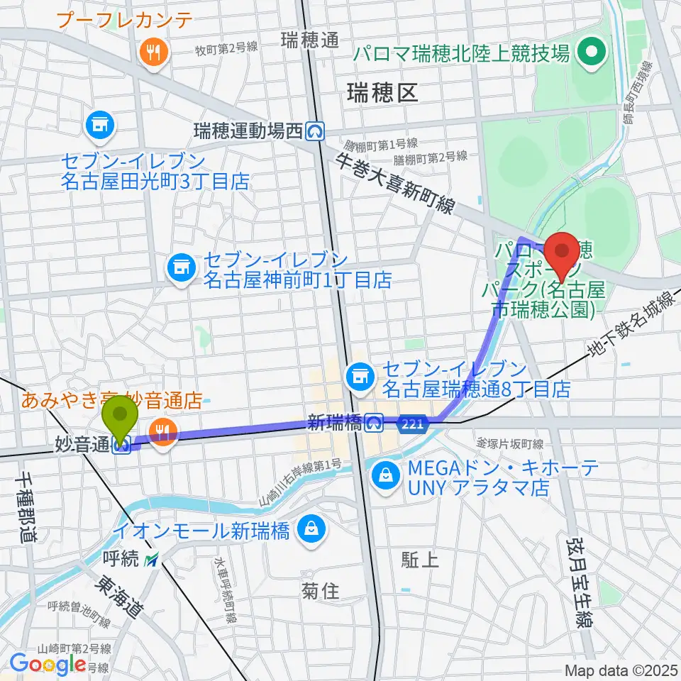 妙音通駅からパロマ瑞穂ラグビー場へのルートマップ地図