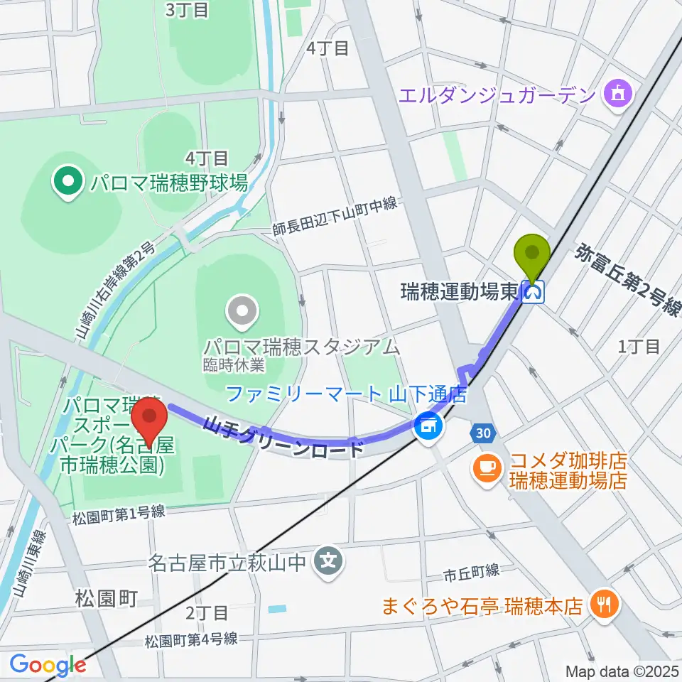 パロマ瑞穂ラグビー場の最寄駅瑞穂運動場東駅からの徒歩ルート（約10分）地図
