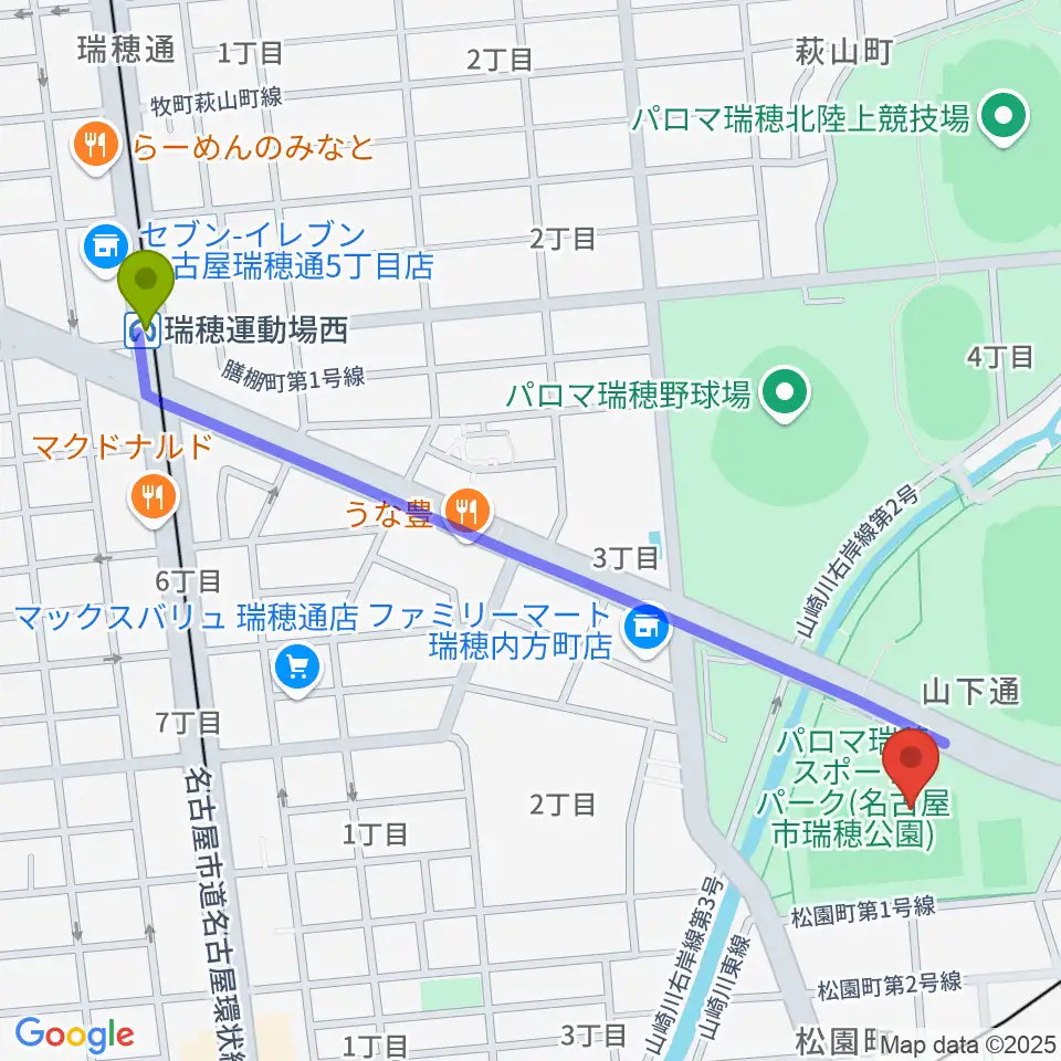 瑞穂運動場西駅からパロマ瑞穂ラグビー場へのルートマップ地図