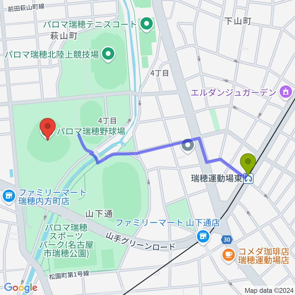 瑞穂運動場東駅からパロマ瑞穂野球場へのルートマップ地図