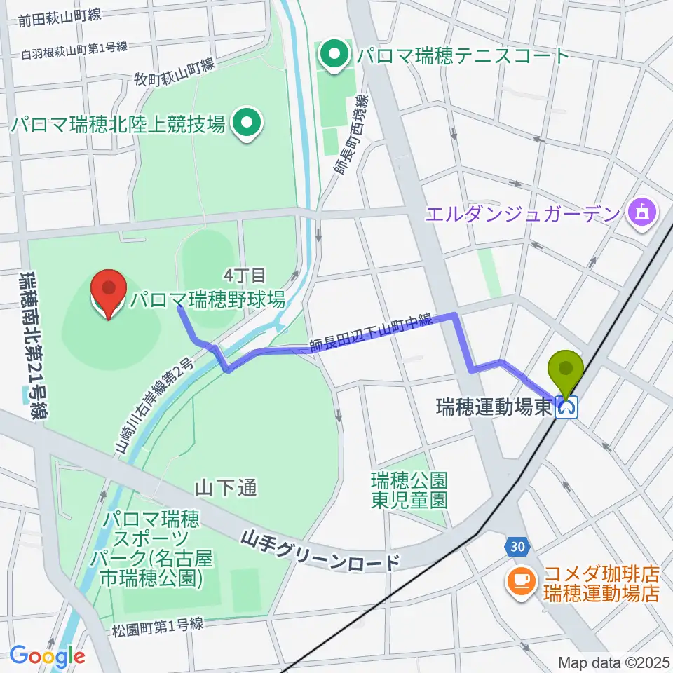 瑞穂運動場東駅からパロマ瑞穂野球場へのルートマップ地図