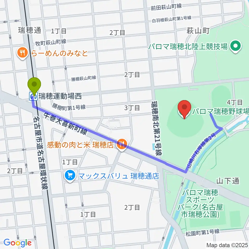 パロマ瑞穂野球場の最寄駅瑞穂運動場西駅からの徒歩ルート（約10分）地図