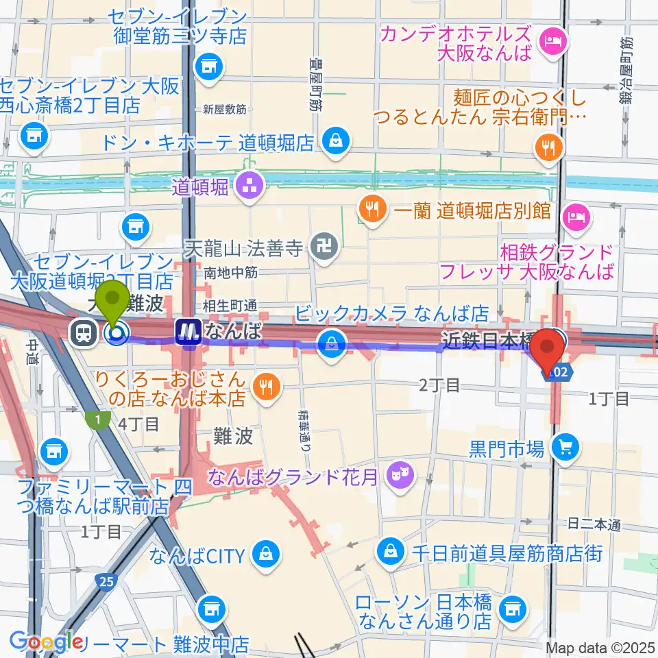 大阪難波駅からスタジオハイダウェイ日本橋店へのルートマップ地図