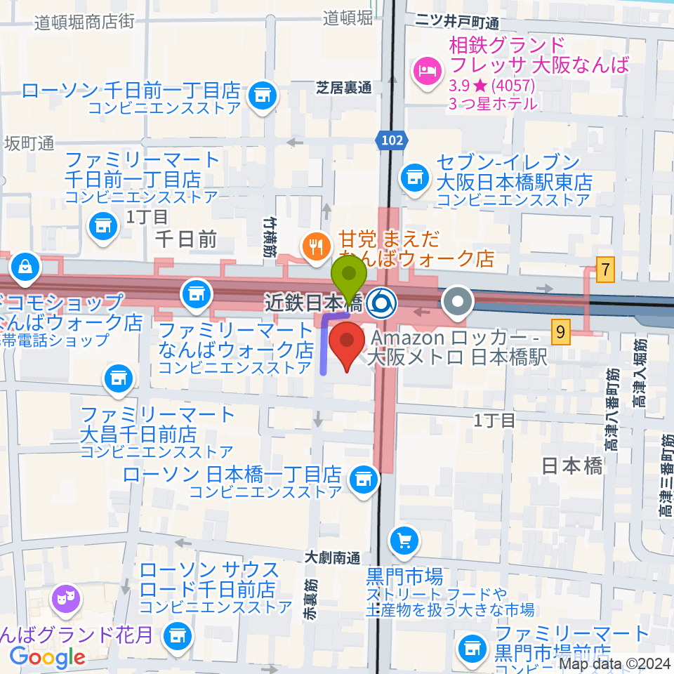 スタジオハイダウェイ日本橋店の最寄駅近鉄日本橋駅からの徒歩ルート（約1分）地図