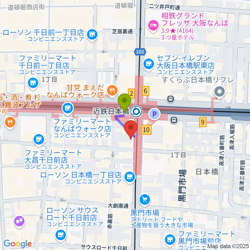 スタジオハイダウェイ日本橋店の最寄駅近鉄日本橋駅からの徒歩ルート（約1分）地図