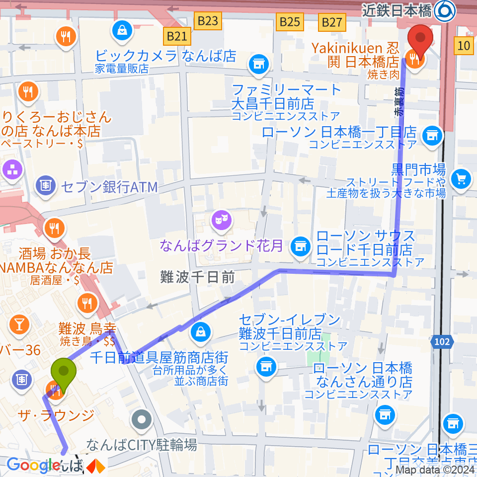 難波駅からスタジオハイダウェイ日本橋店へのルートマップ地図