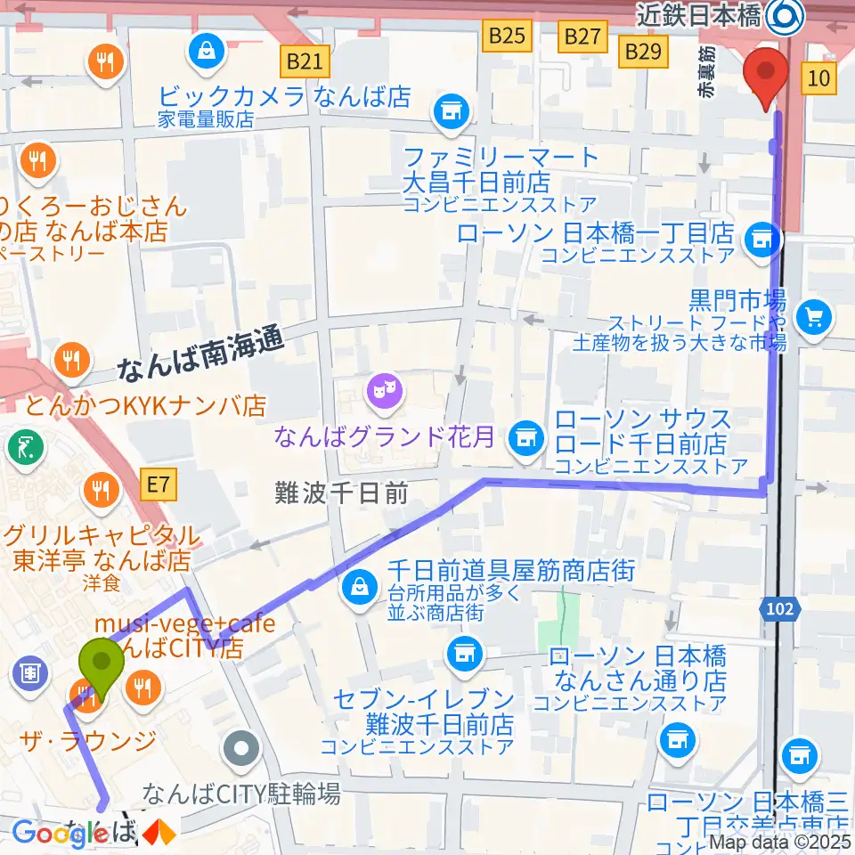 難波駅からスタジオハイダウェイ日本橋店へのルートマップ地図