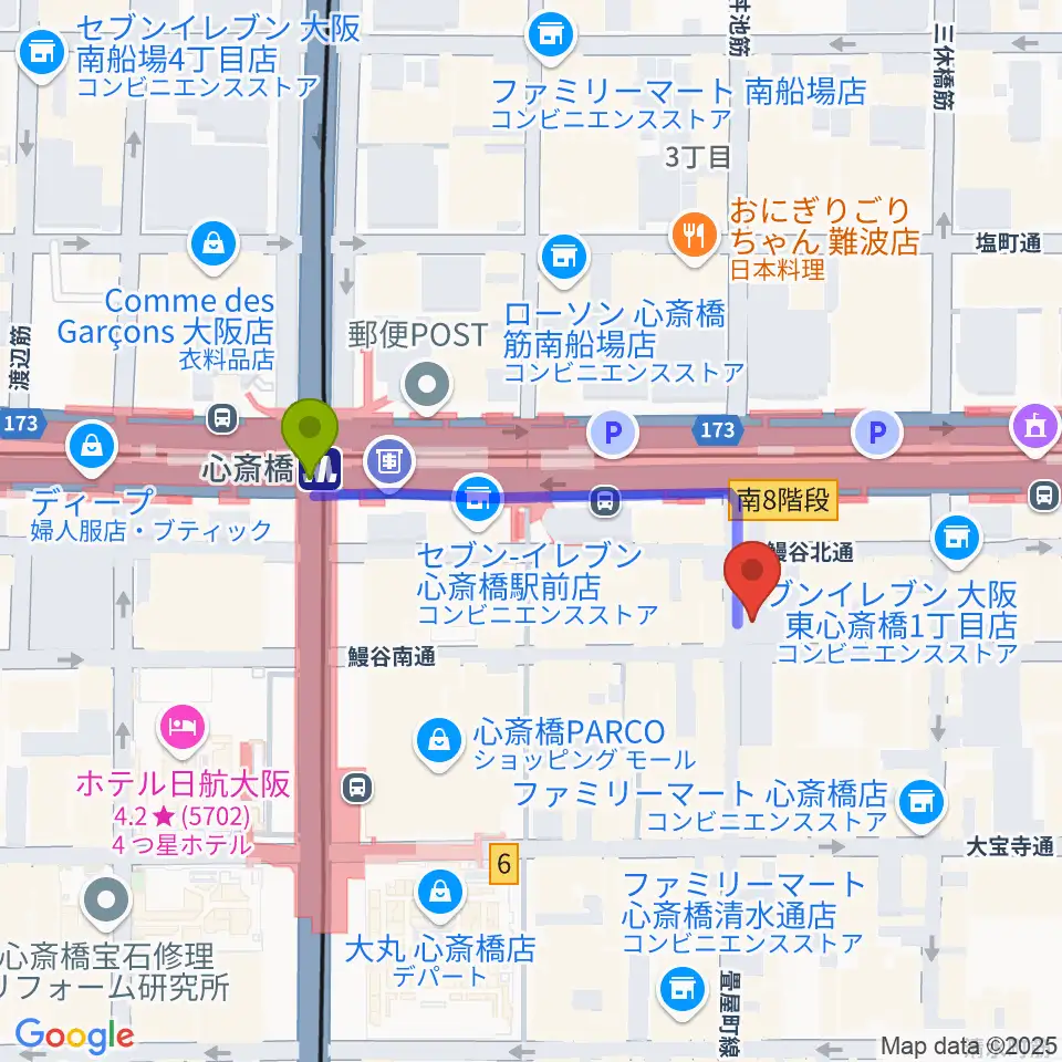 DAIHATSU心斎橋角座の最寄駅心斎橋駅からの徒歩ルート（約3分）地図