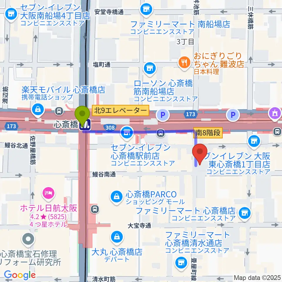 DAIHATSU心斎橋角座の最寄駅心斎橋駅からの徒歩ルート（約3分）地図