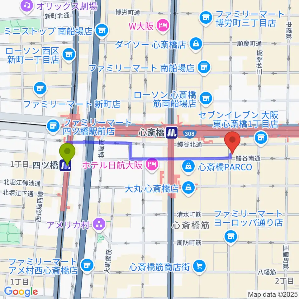 四ツ橋駅からDAIHATSU心斎橋角座へのルートマップ地図
