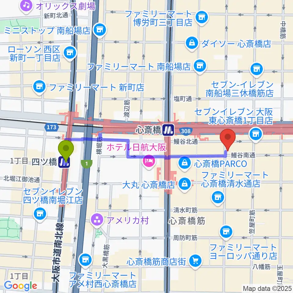 四ツ橋駅からDAIHATSU心斎橋角座へのルートマップ地図