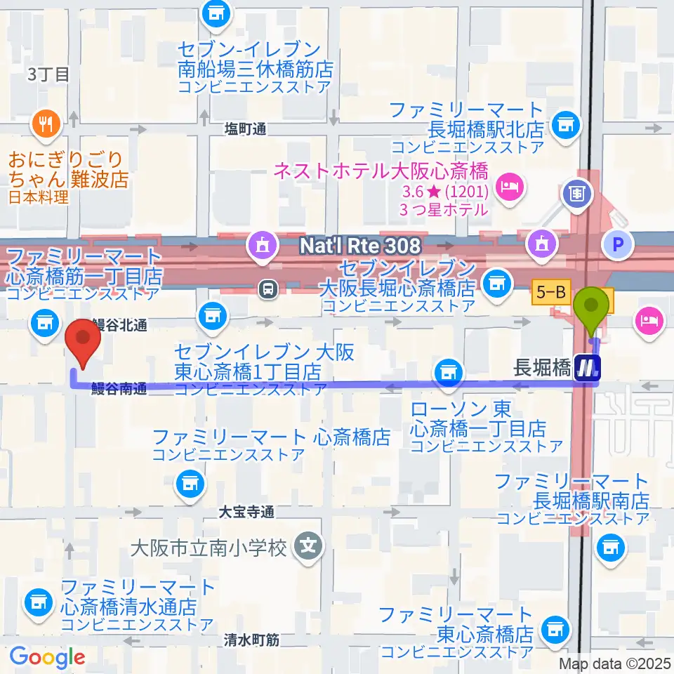 長堀橋駅からDAIHATSU心斎橋角座へのルートマップ地図