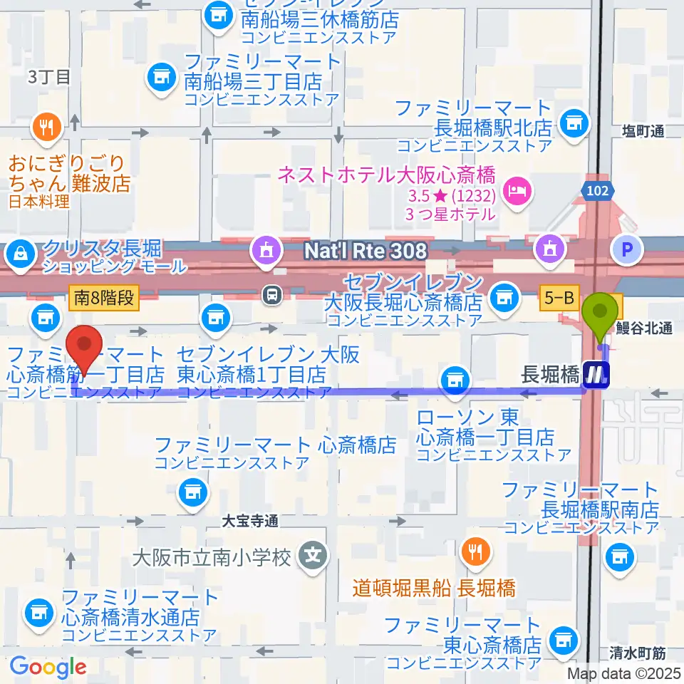 長堀橋駅からDAIHATSU心斎橋角座へのルートマップ地図