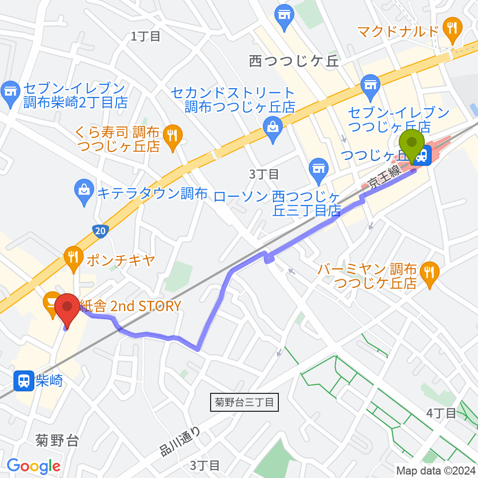 つつじヶ丘駅から柴崎RATHOLEへのルートマップ地図