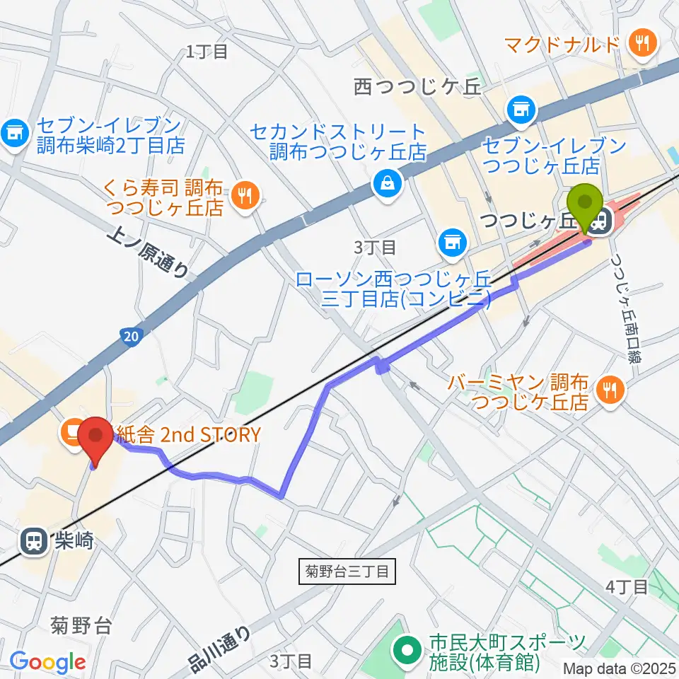 つつじヶ丘駅から柴崎RATHOLEへのルートマップ地図