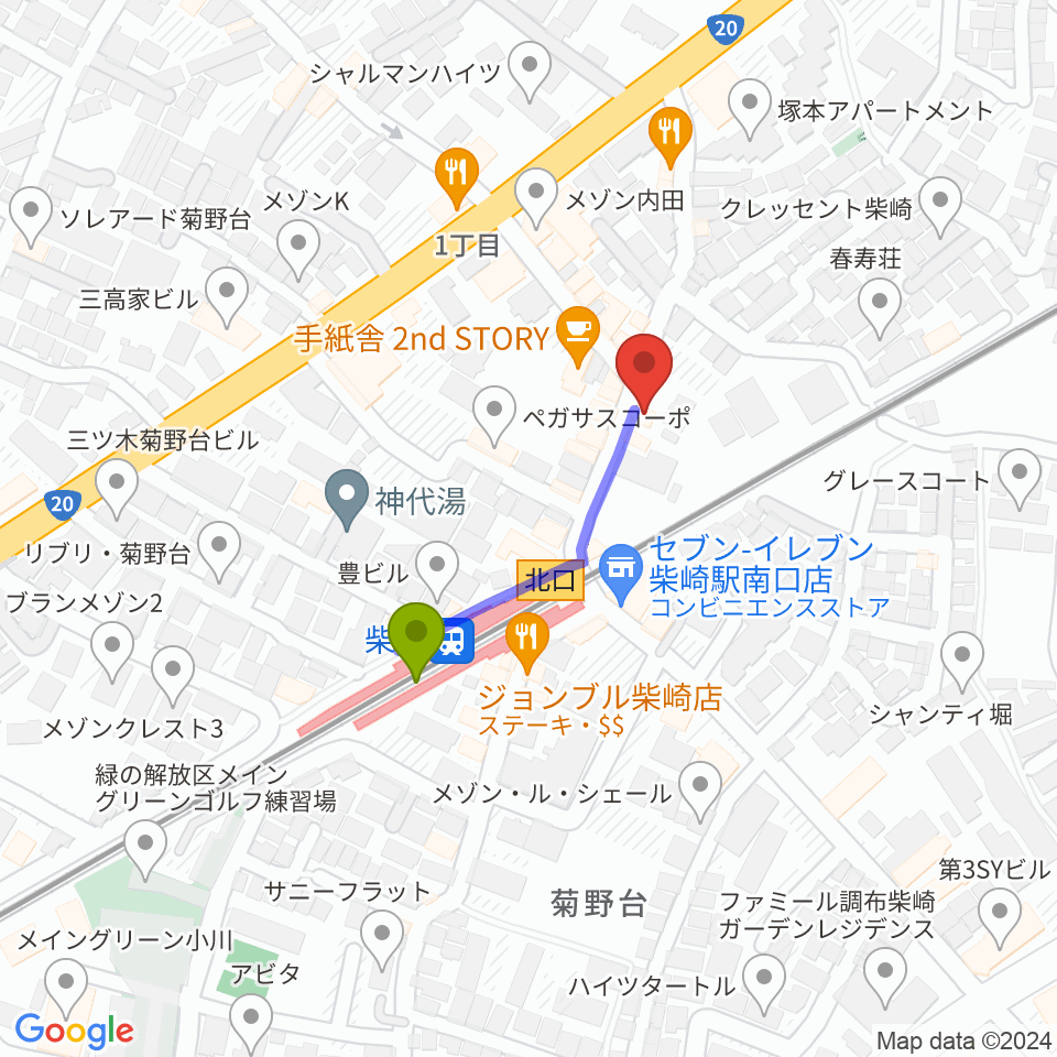 柴崎RATHOLEの最寄駅柴崎駅からの徒歩ルート（約3分）地図