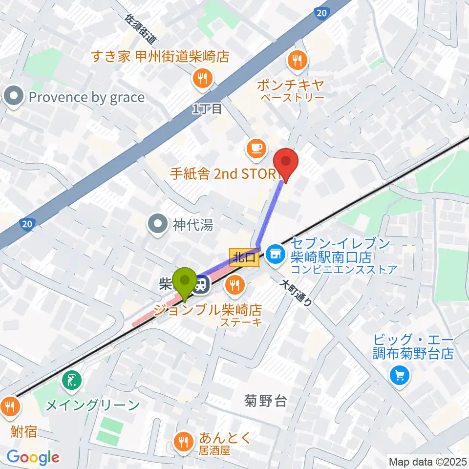 柴崎RATHOLEの最寄駅柴崎駅からの徒歩ルート（約3分）地図