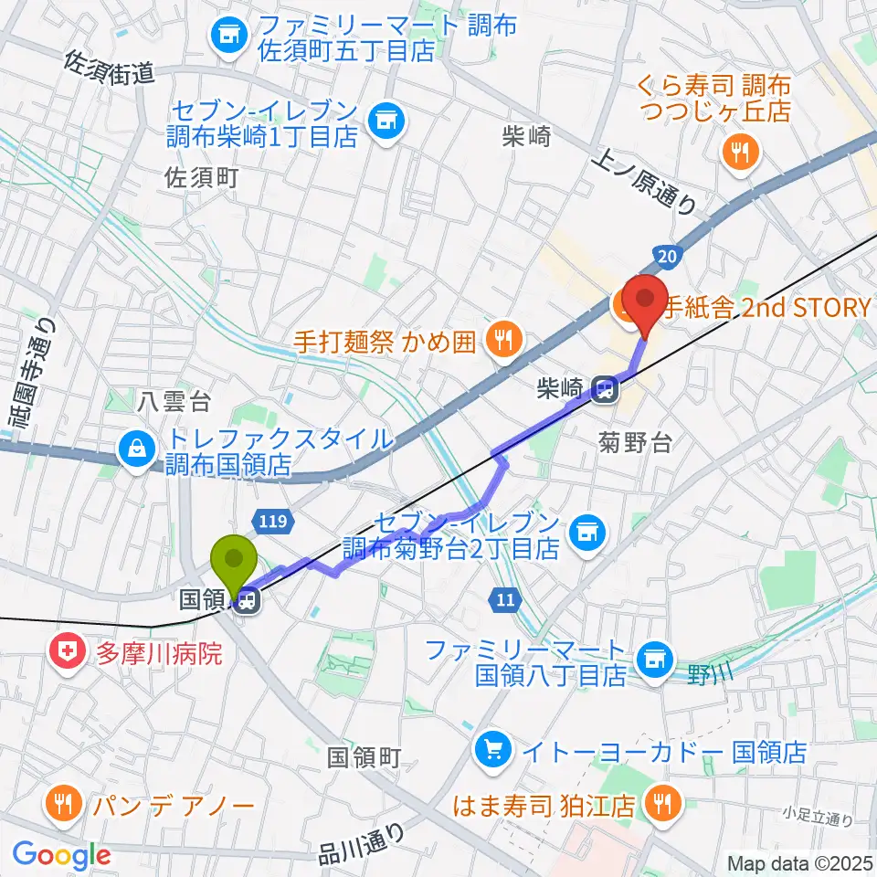 国領駅から柴崎RATHOLEへのルートマップ地図