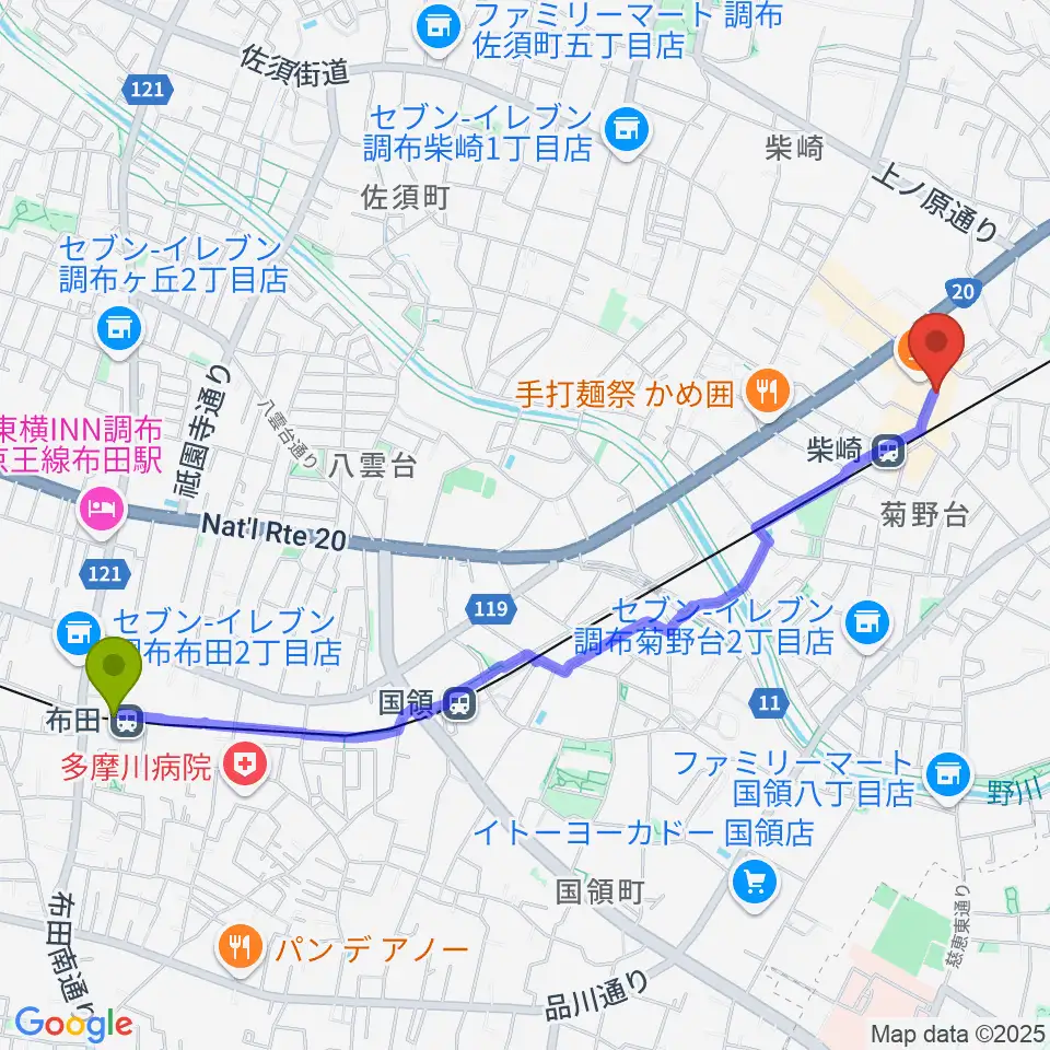 布田駅から柴崎RATHOLEへのルートマップ地図