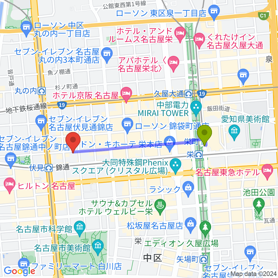 栄町駅から伏見ミリオン座へのルートマップ地図