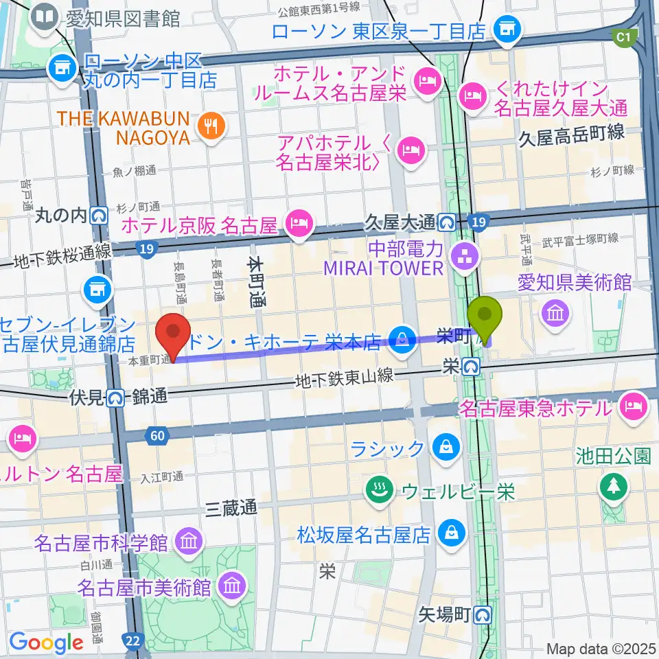 栄町駅から伏見ミリオン座へのルートマップ地図