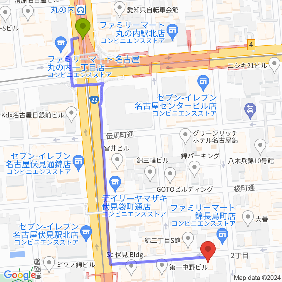 丸の内駅から伏見ミリオン座へのルートマップ地図