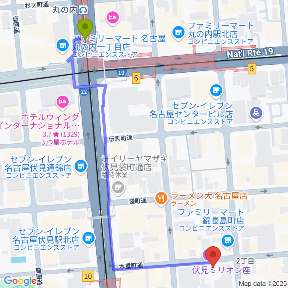 丸の内駅から伏見ミリオン座へのルートマップ地図