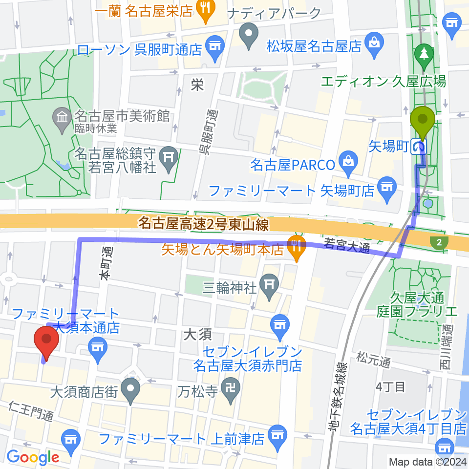 矢場町駅から大須演芸場へのルートマップ地図