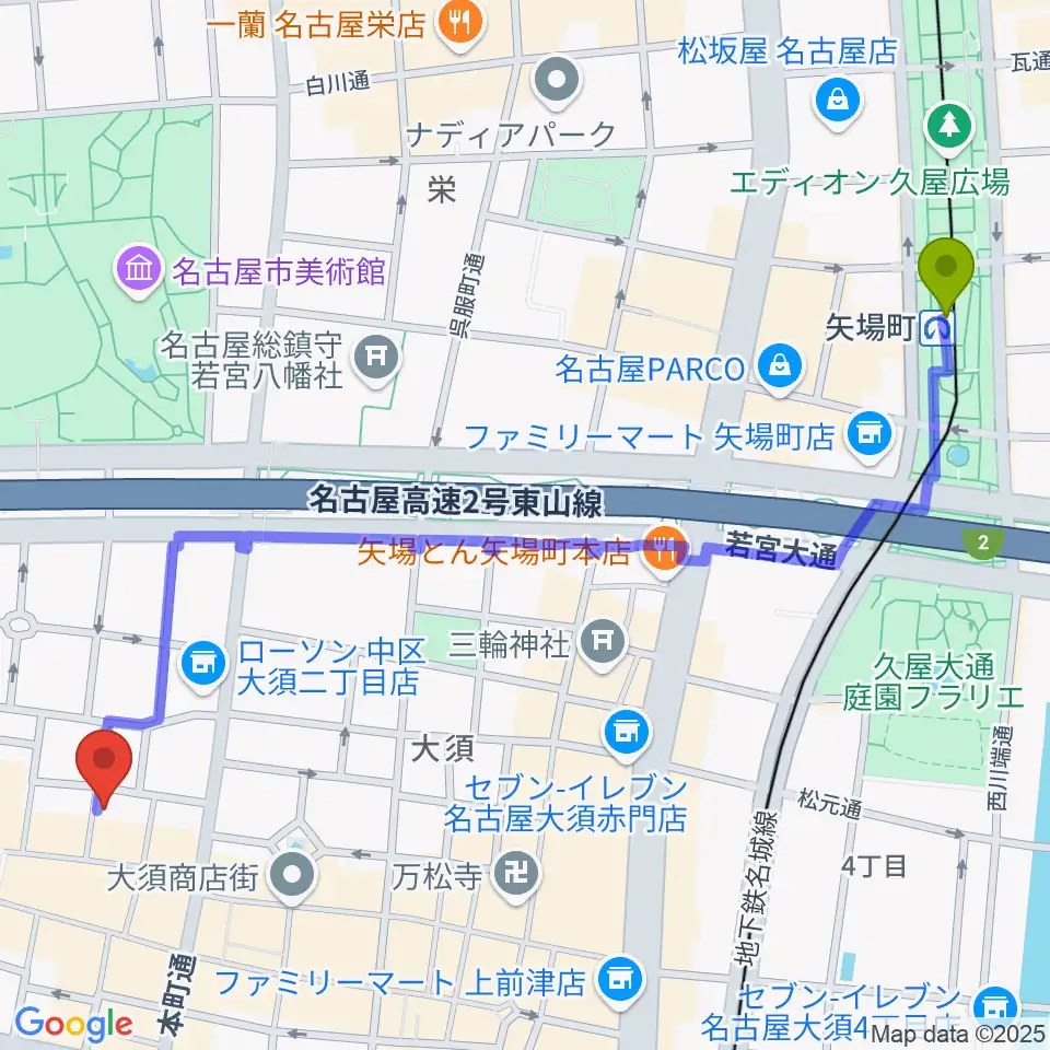 矢場町駅から大須演芸場へのルートマップ地図