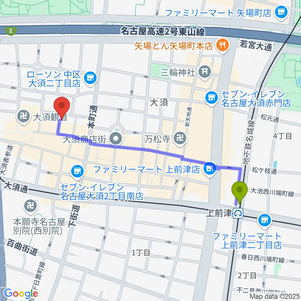 上前津駅から大須演芸場へのルートマップ地図