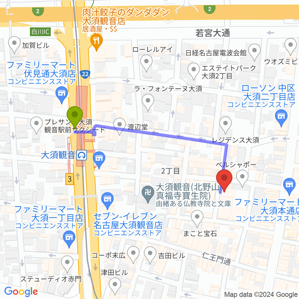 大須演芸場の最寄駅大須観音駅からの徒歩ルート（約4分）地図