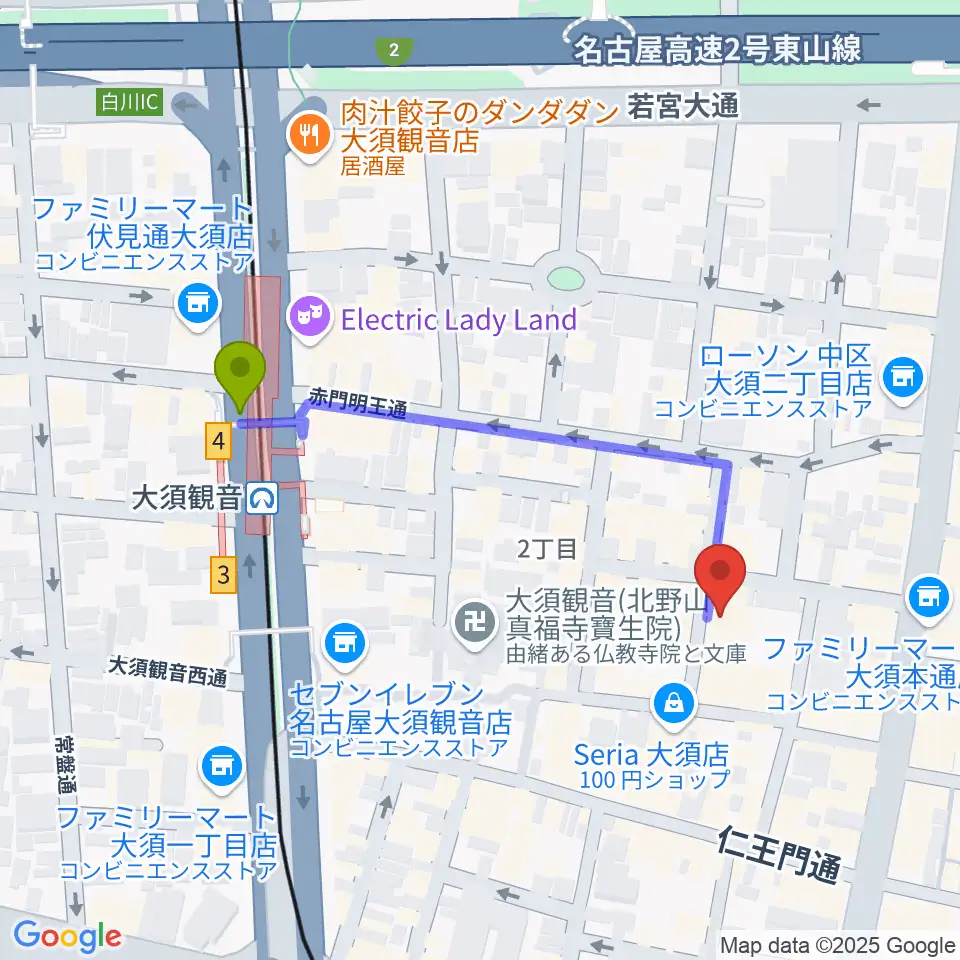 大須演芸場の最寄駅大須観音駅からの徒歩ルート（約4分）地図