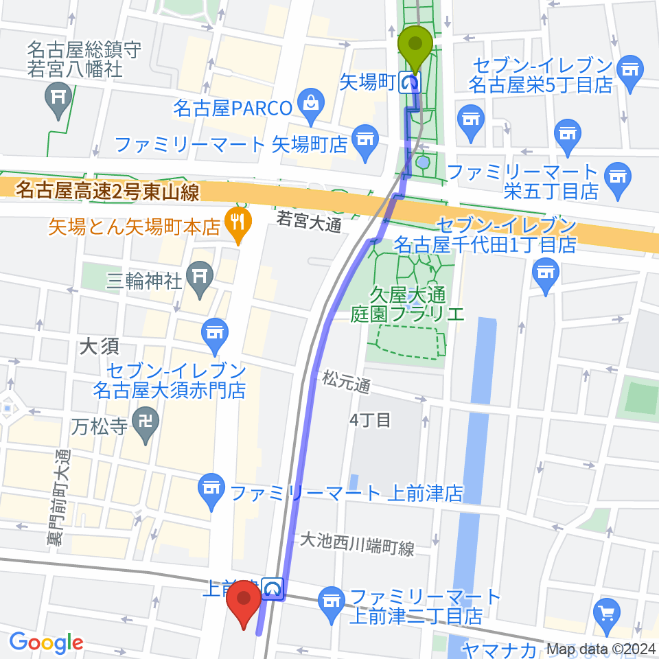 矢場町駅から名古屋マーブルレコードへのルートマップ地図